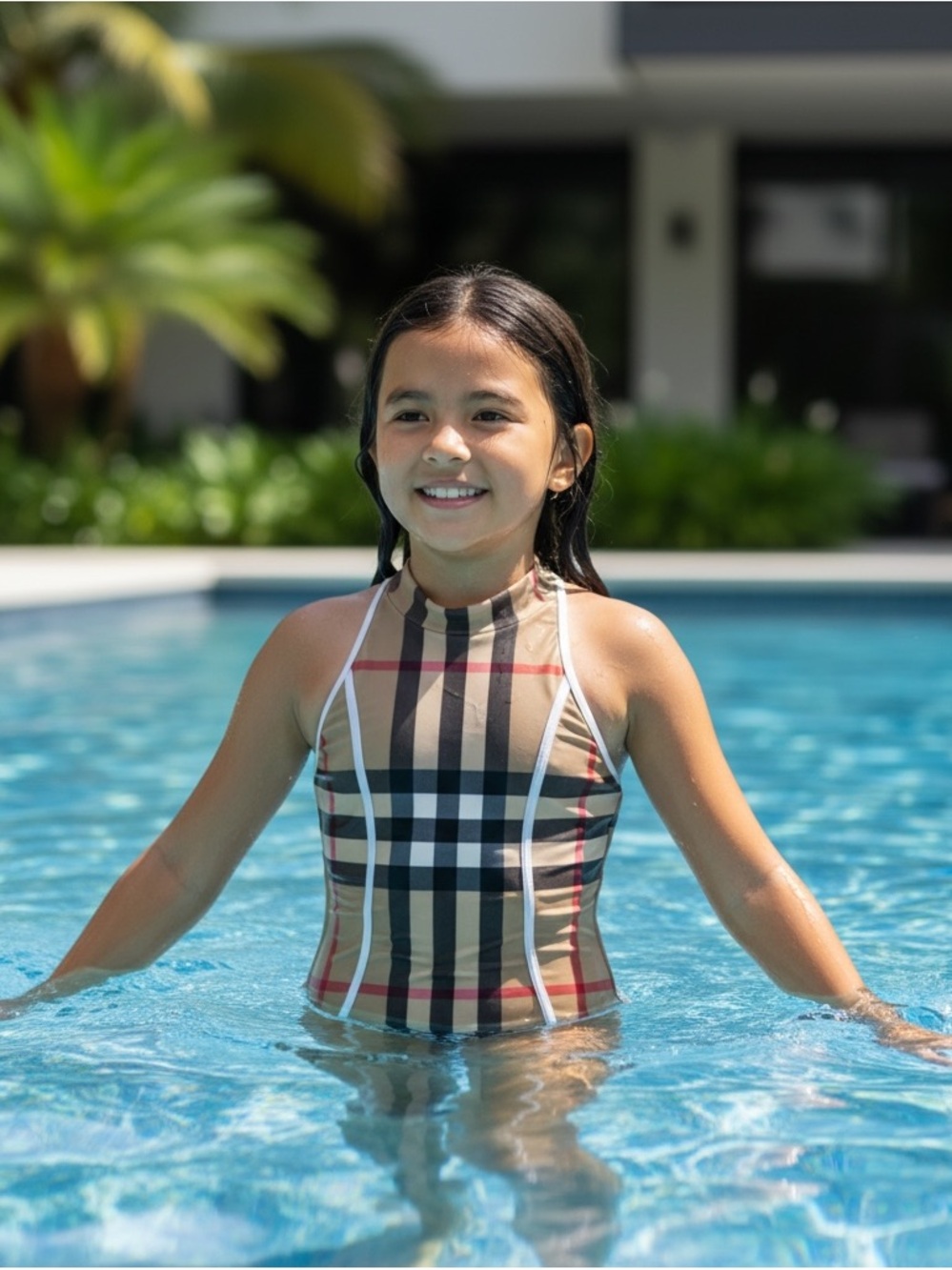 Burberry Beige Plaid High-Neck Kids One-Piece Swimsuit with White Trim